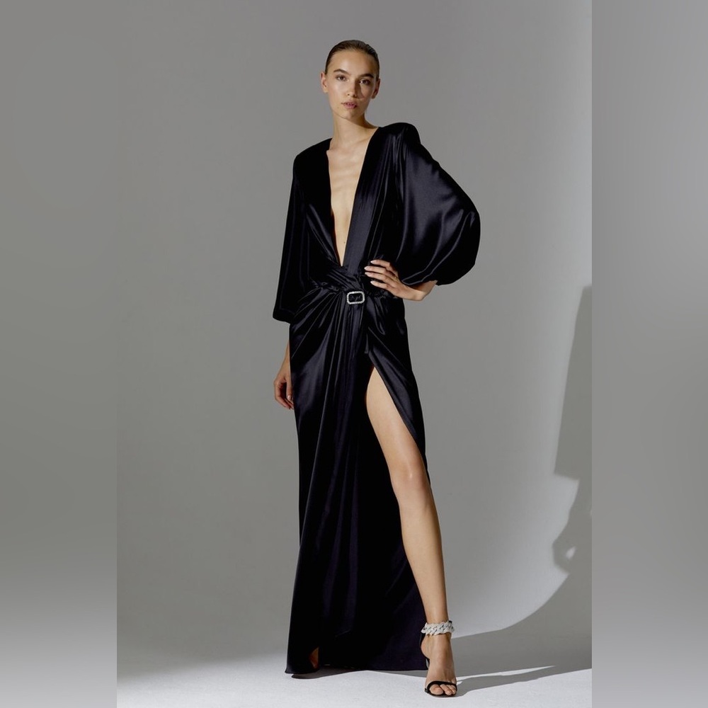 Alexandre Vauthier NWT Black Silk Low V Neck High Slit Crystal Buckle Maxi Dress
